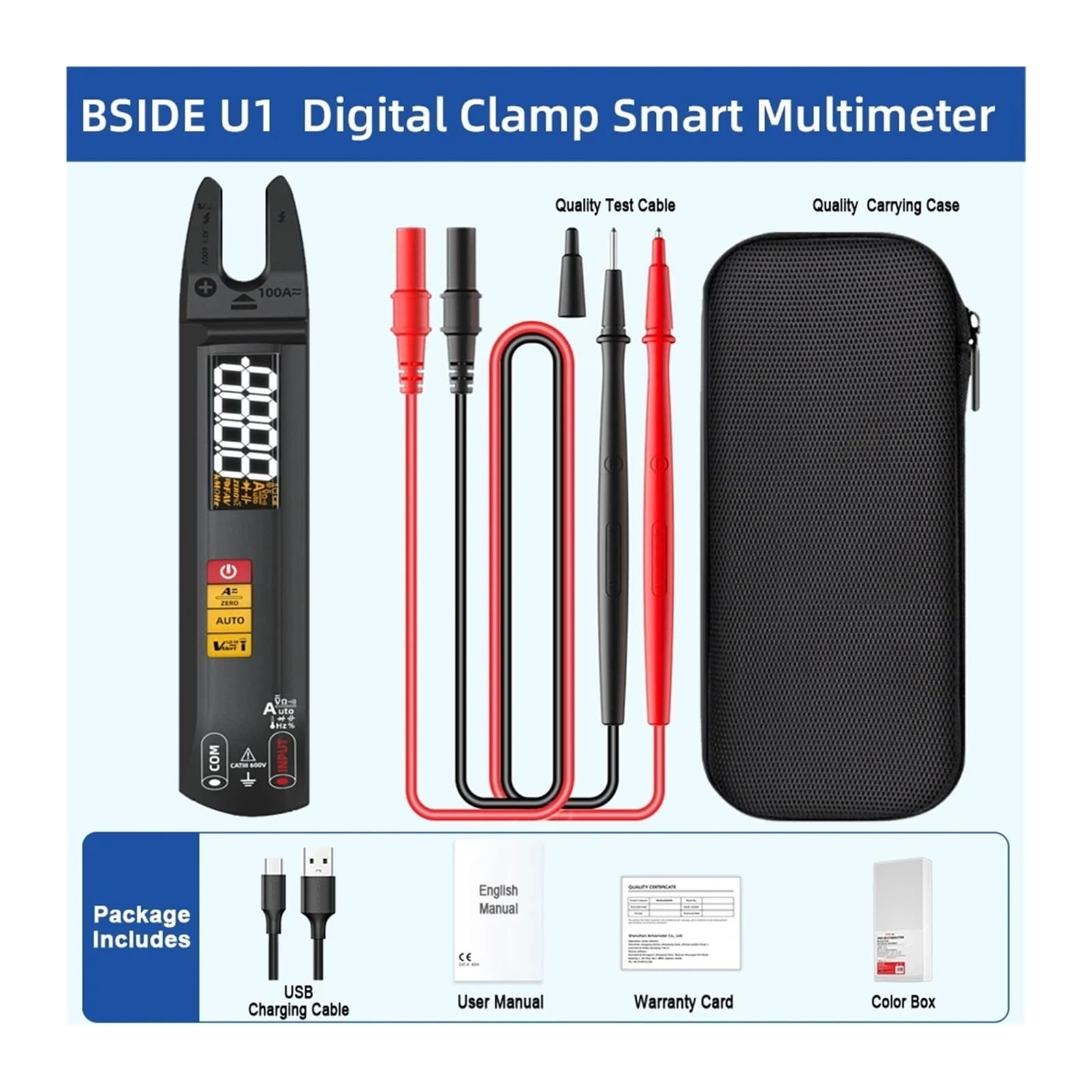 U0 U1 100A Pinza amperometrica digitale True RMS AC DC rilevamento NCV | Misura corrente AC DC e valori elettrici senza scollegare i circuiti per manutenzione e diagnosi(U1)