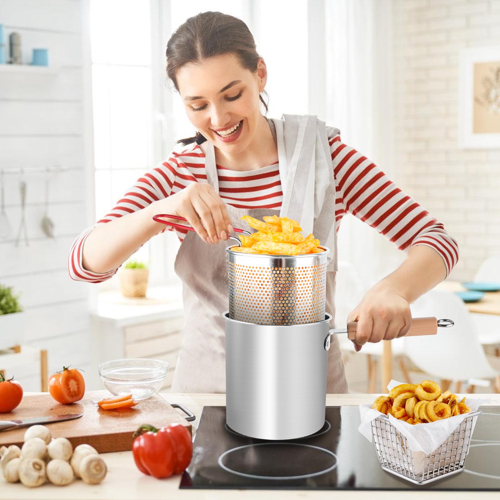 Casseruola per pasta da 3 l, per spaghetti con coperchio a colino, cestino per friggere e pinze per barbecue, in acciaio inox 304, manico anti-scottatura rimovibile, pentola multifunzione per