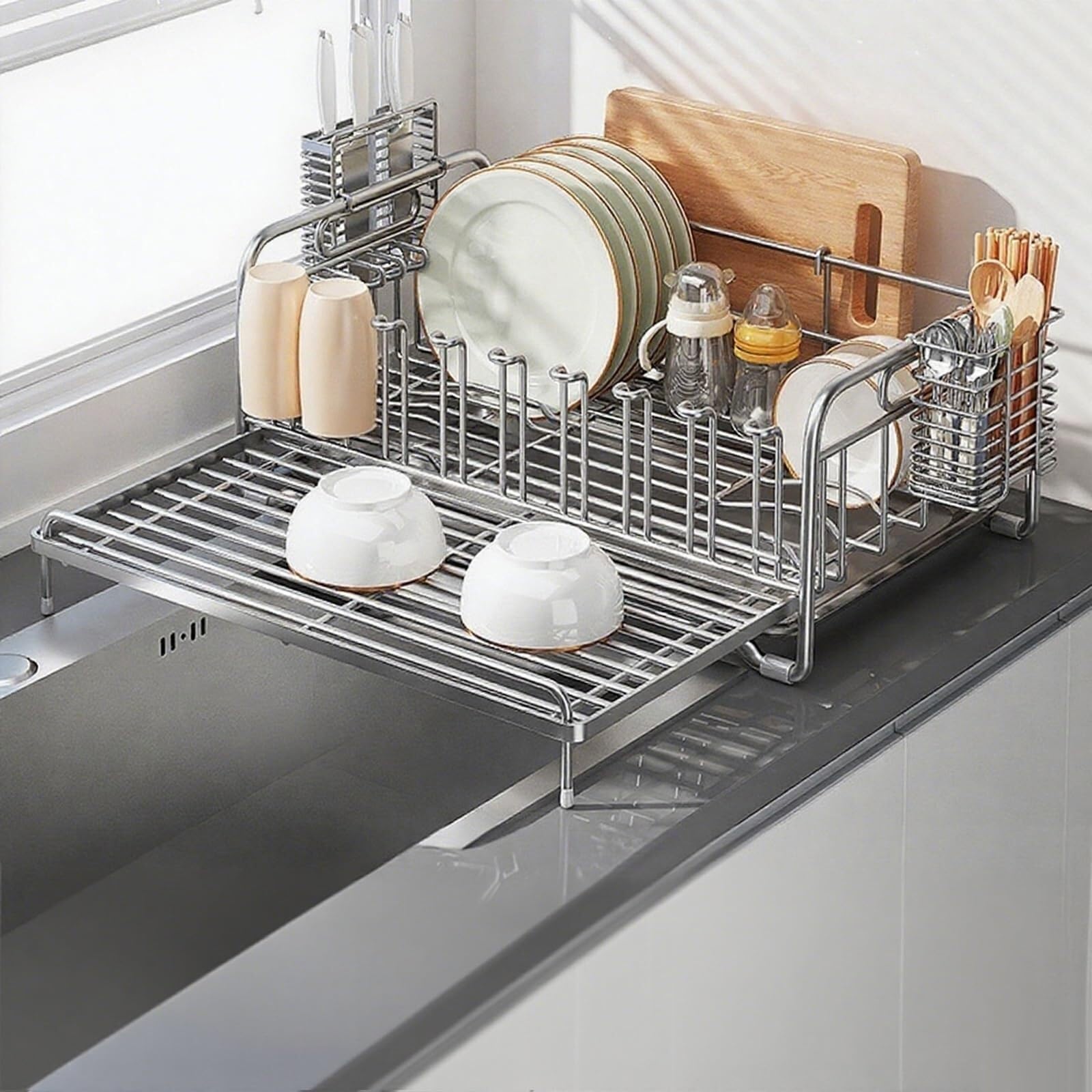 ARUNASC dish racks Extendable Dish Drying Rack Dish Racks for Kitchen Counter with Removable Draining Tray drainer