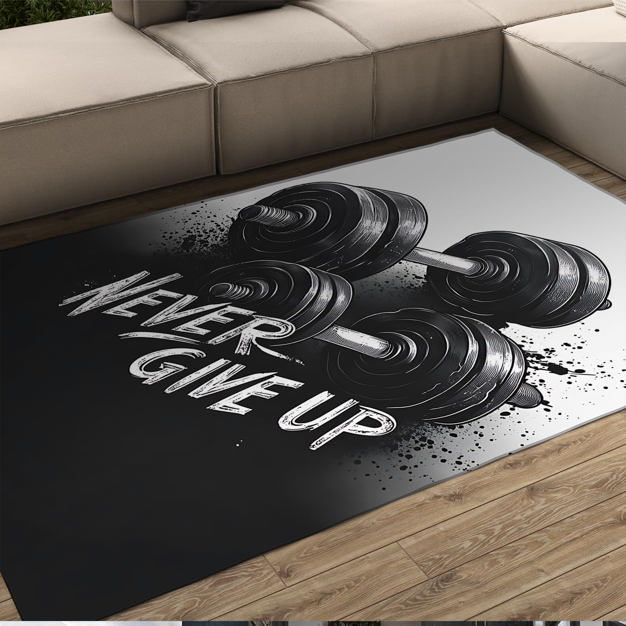 Motywacyjne dywaniki do fitnessu 200 x 300 cm czarno-szare hantle design dywan na siłownię trening nowoczesna dekoracja domu zmywalna cienka mata podłogowa