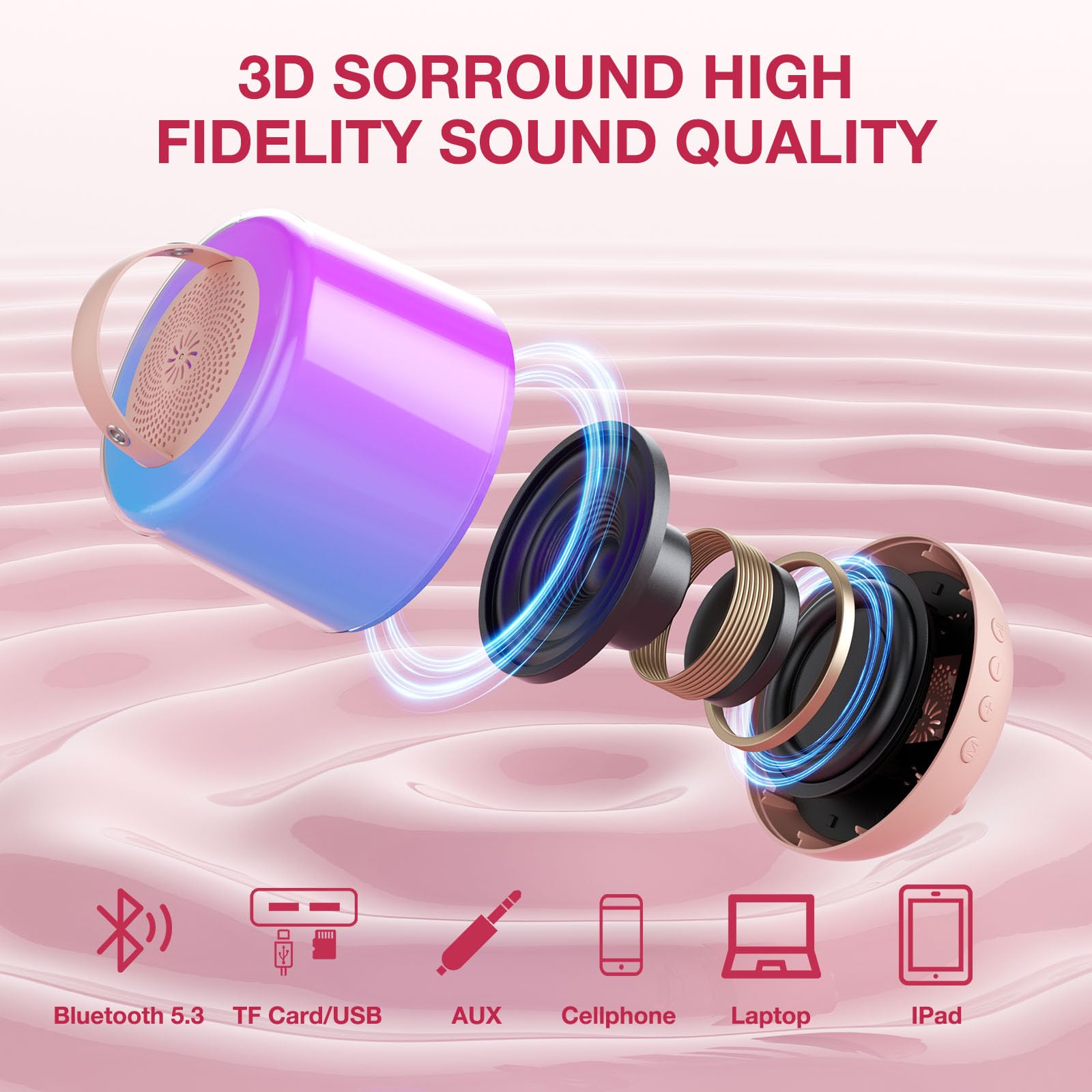 Mini máquina de karaoke para niños y adultos, altavoz Bluetooth portátil con 1 micrófonos inalámbricos y 5 luces para fiestas en casa, regalos de cumpleaños, juguetes para edades y niñas (rosa) 2