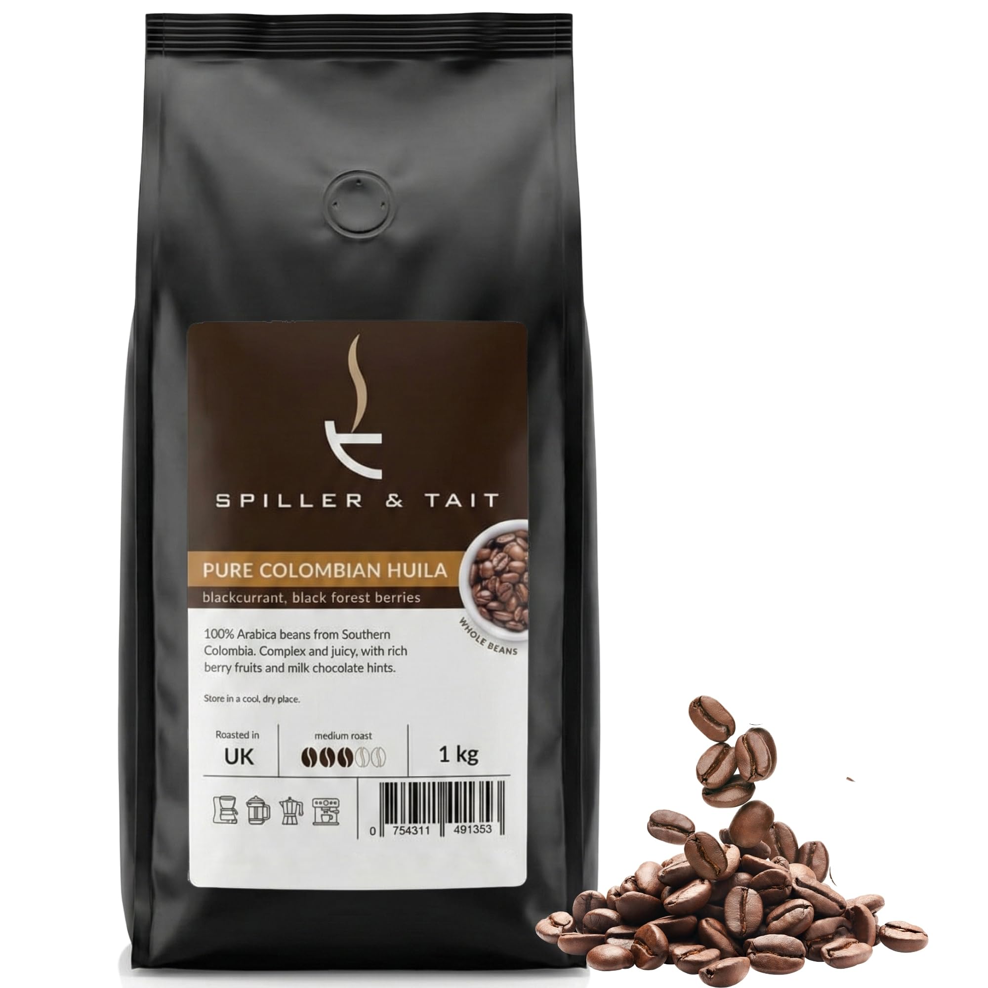 Spiller & Tait Pure Colombian Huila – Coffee Beans 1kg Bag – Top Speciality Columbian Coffee Beans Roasted in the UK – Gourmet Blend for Great Tasting Brew at Home