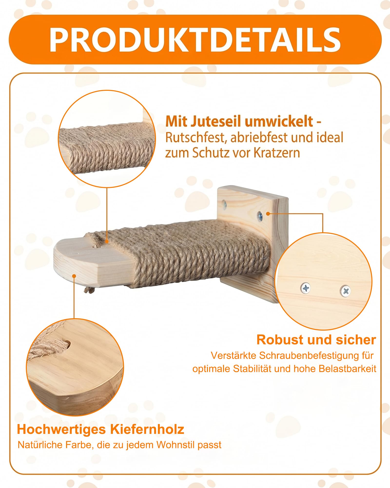 4 Stück Katzentreppe Wand: Kletterwand Katzen aus Massivholz mit Juteseil 21cm bis 35kg Wandliege zum Klettern Ruhen Kratzen für Wohnung Katzen