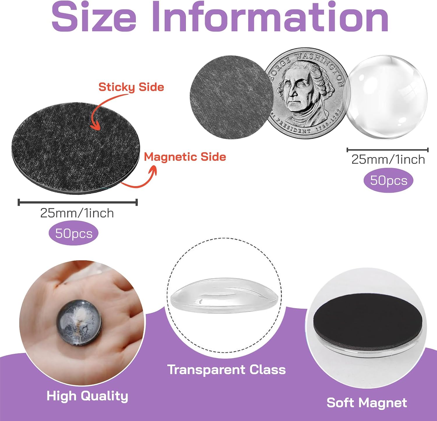 100pcs Craft Magnets Glass Magnet with Adhesive Backing and Transparent Clear Glass Cabochons for Craft DIY Fridge Refrigerator Magnets(50 Sets, 1 Inch)