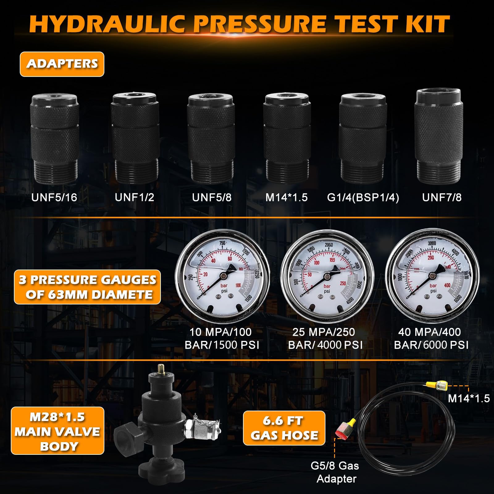 Zestaw testowy hydraulicznego ciśnieniomierza azotu, zestaw do ładowania akumulatora hydraulicznego, system testowania ciśnienia azotu, aluminiowa walizka, z 7 złączami, 3 mierniki (1500PSI