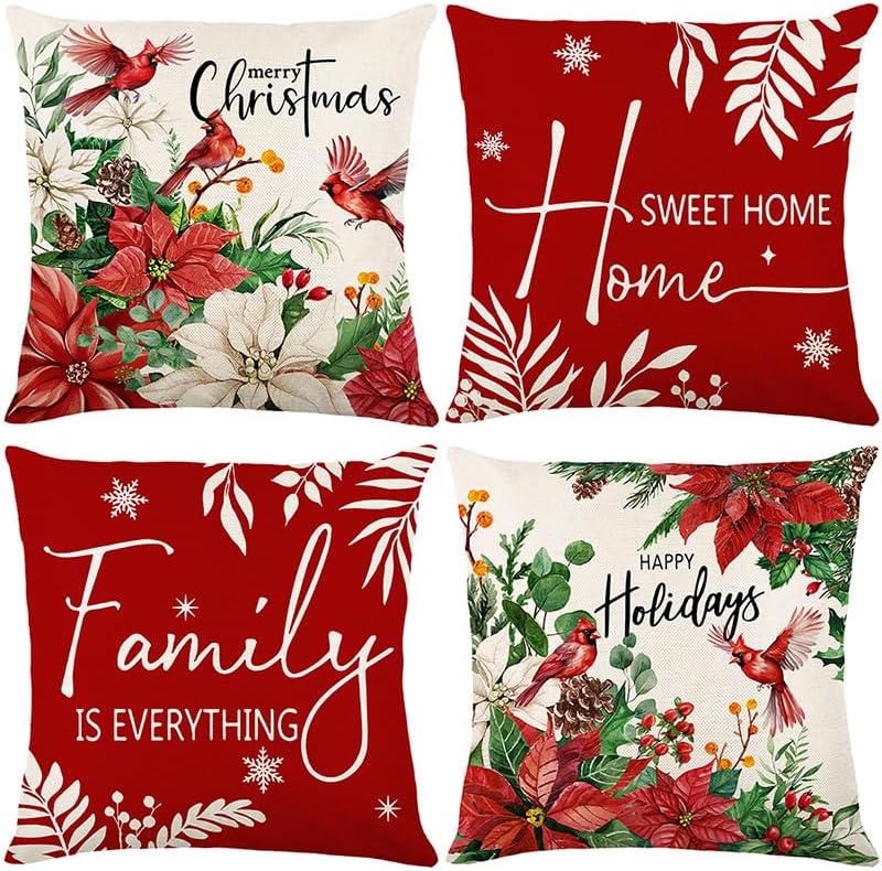 Juego de 4 fundas de almohada con diseño de bayas cardenales, color rojo con texto en inglés "Merry Christmas", "Family is Everything", para sofá,