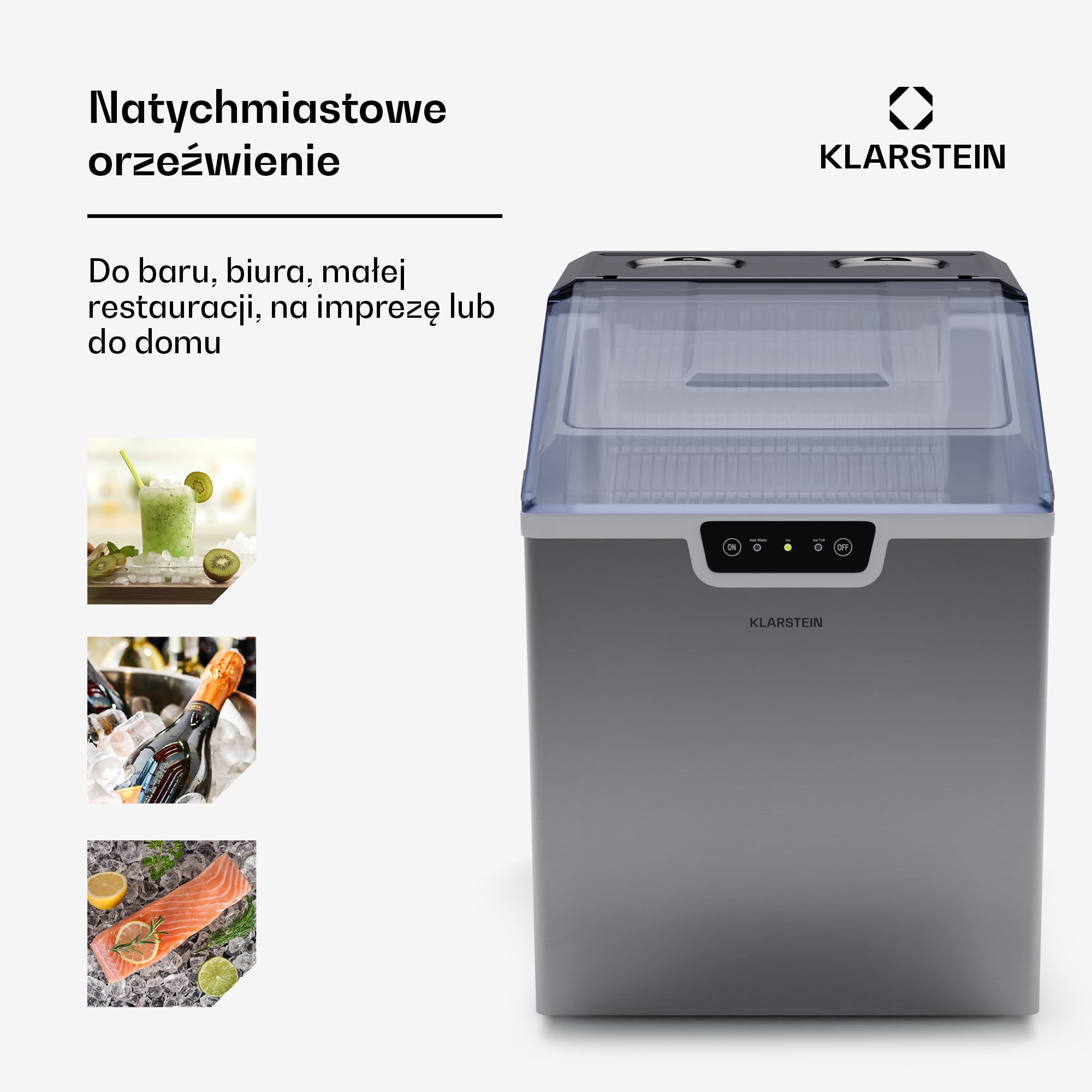 Klarstein Kostkarka do lodu do domu, na kemping i gastronomii, Szybka mini kostkarka, Profesjonalna wytwornica na duże i małe kostki, Samoczyszcząca, Zbiornik 2,3L, 18kg lodu w 24h