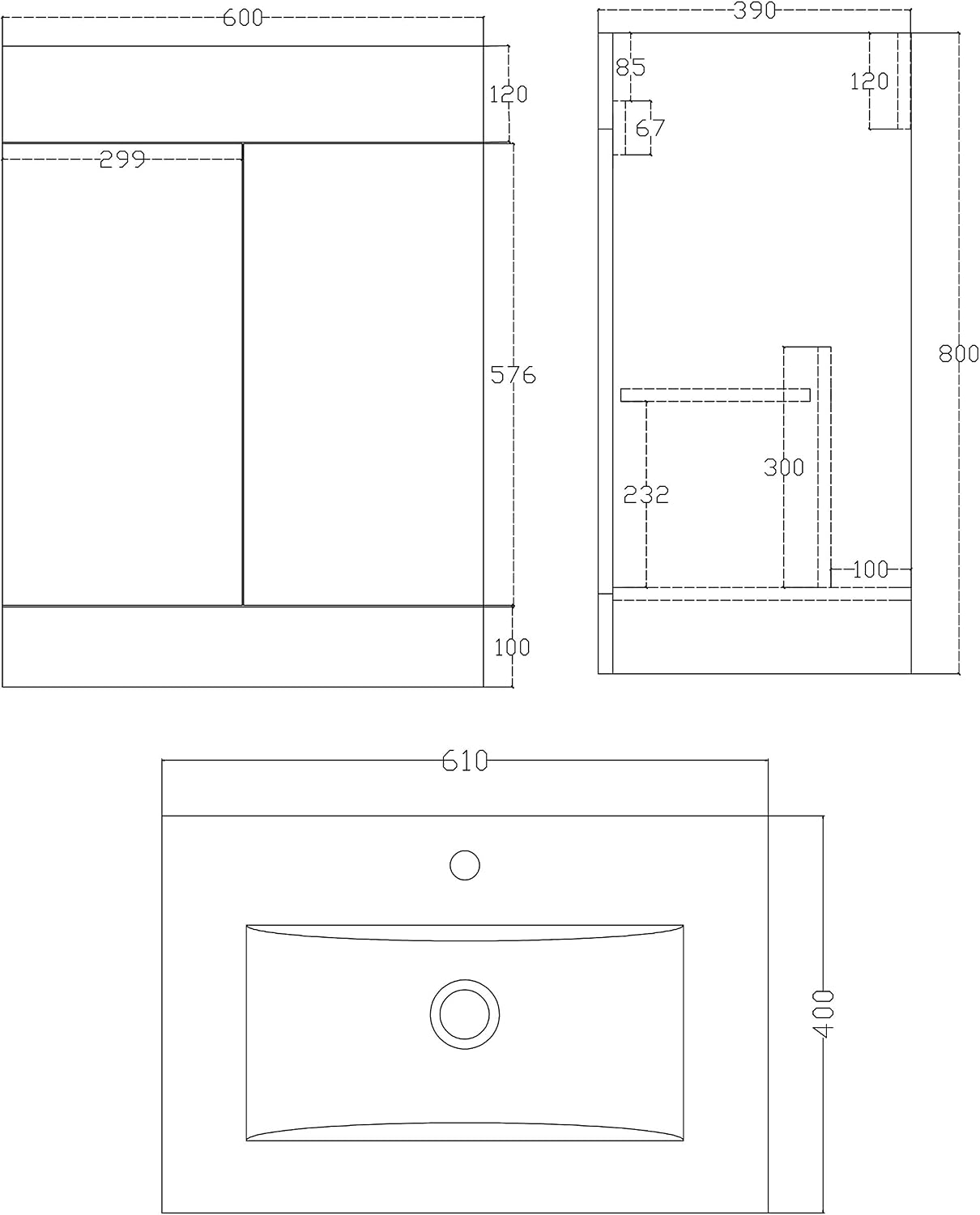 VeeBath Sphinx 600 Vanity Unit with Basin and Mono Mixer Tap, Floor Standing Cabinet Rectangular Ceramic Wash Basin for Bathroom Furniture with 2 Doors- Gloss White (Flat Pack)