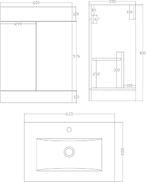 VeeBath Sphinx High Gloss White Free Standing Basin Vanity Cabinet Unit & Rectangular Sink - 600mm