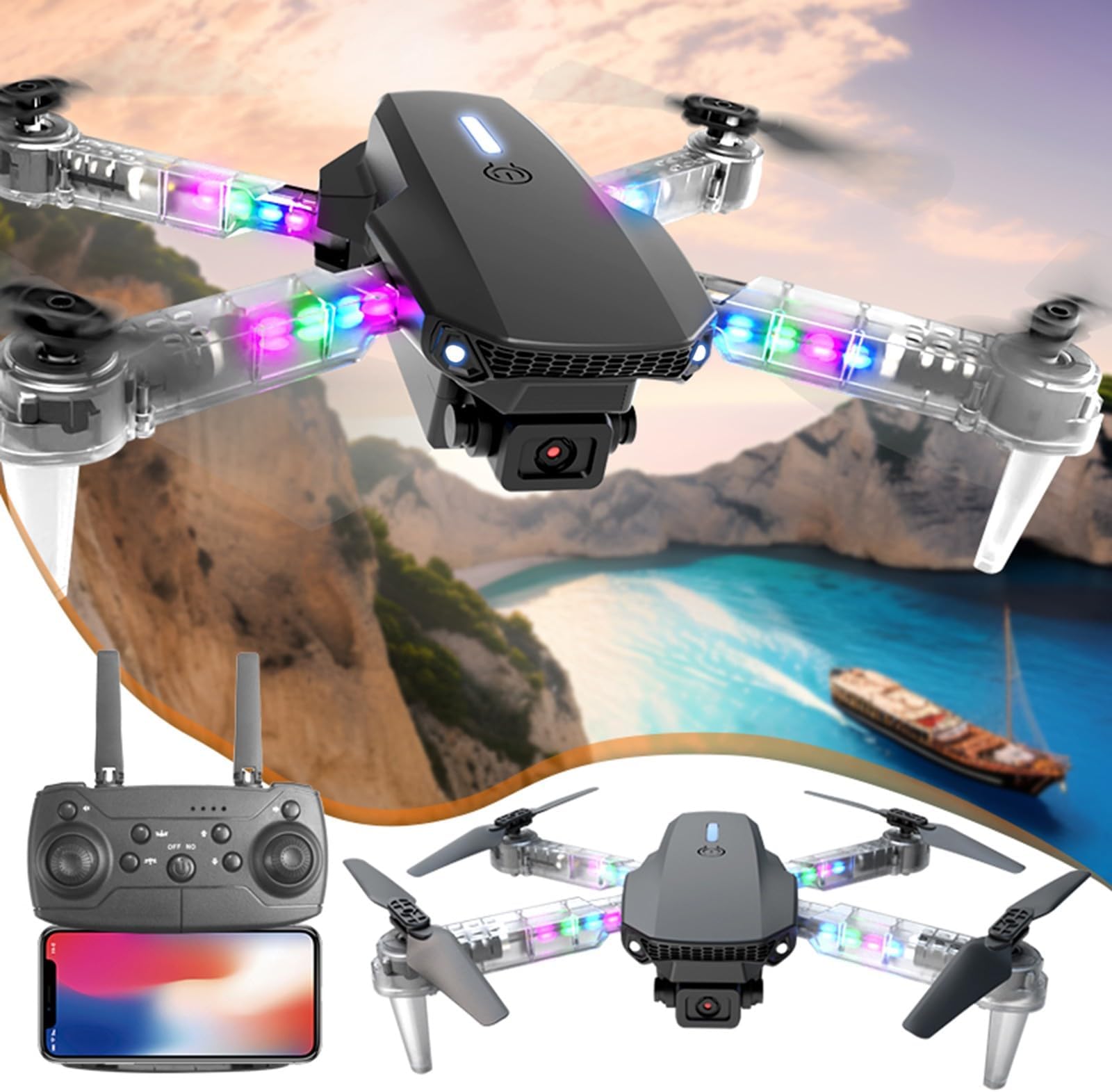 Drones with Camera for Adults 1080P, WiFi FPV Drone, Drones with Transparent LED Folded Arms, 3 Flight Modes, Altitude Hold, Headless Mode