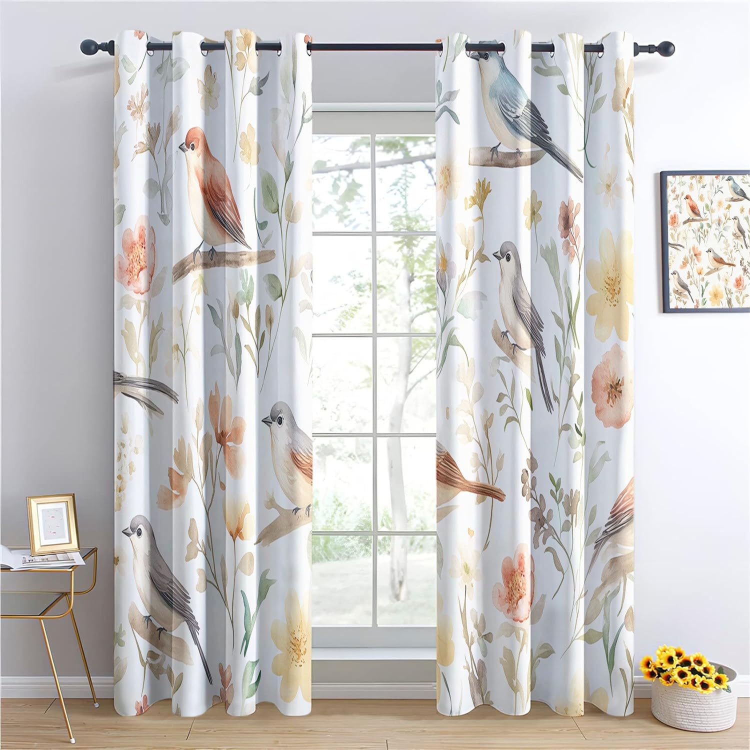 Delicate Flowers Leaves Blackout Curtains, W 46" x L 72" (2 Panels), Thermal Insulated Window Curtains, Room Darkening Eyelet Curtains, Noise Reducing Privacy