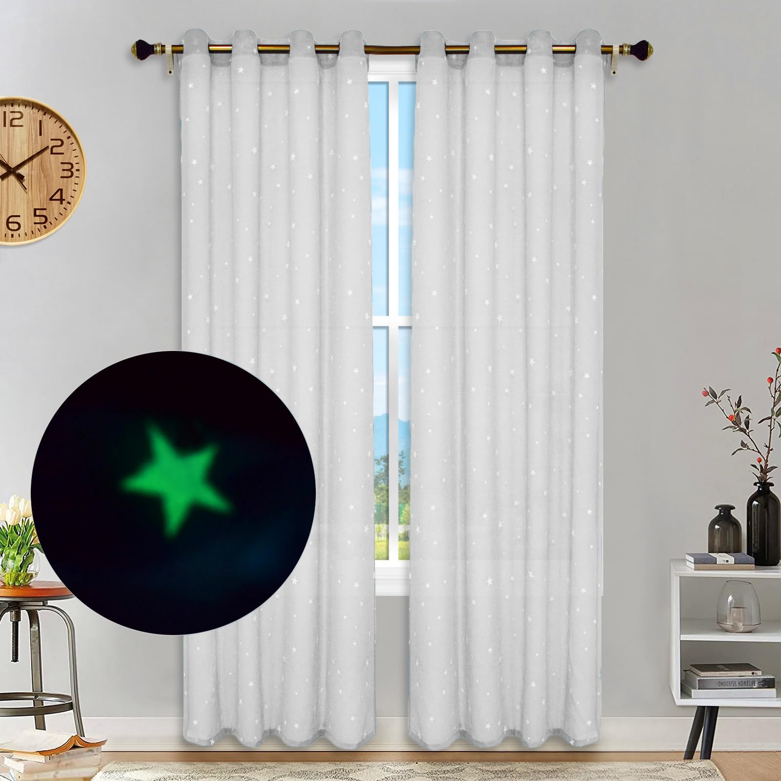 Eimilaly Stars Sheer Curtains Glow in The Dark, Metal Punching Sheer Curtains 84 inches Long Sheer Canopy for Kids Room Decor, 1 Panel/White — image 1