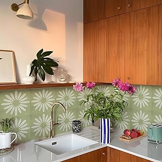 Alwayspon 25PCs Peel and Stick Tile Transfer Stickers, Green White Floral Tile Decal Self-Adhesive Vinyl Backsplash Stick on Tiles for Kitchen Bathroom, 15cm/6inch