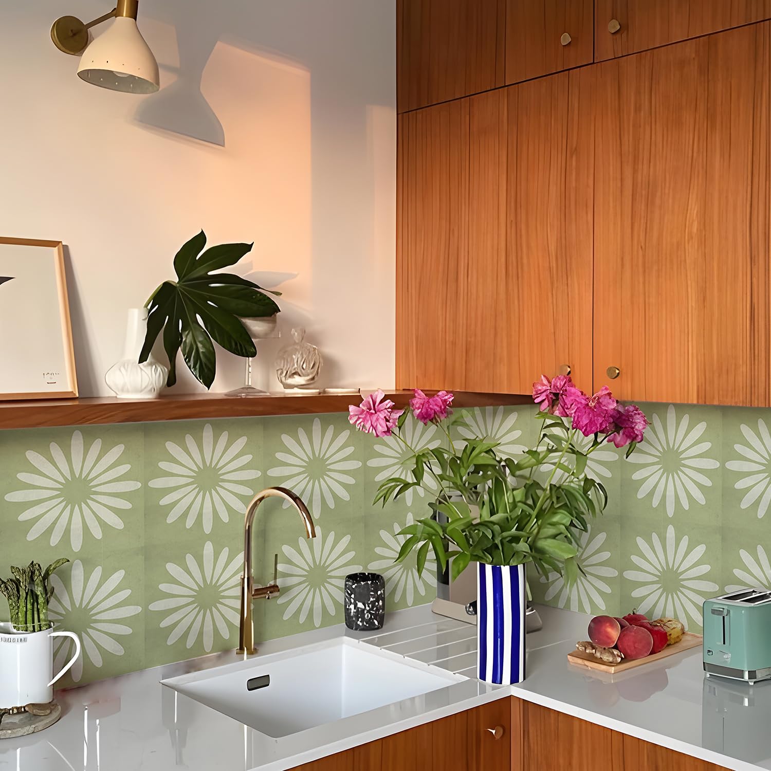Alwayspon Tile Sticker, Green White Floral Self Adhesive Stick on Tiles Transfer Sticker for Bathroom Kitchen, Splashback, Peel and Stick Vinyl Floor Wall Tiles Sticker, 10PcsX20cm/8inch