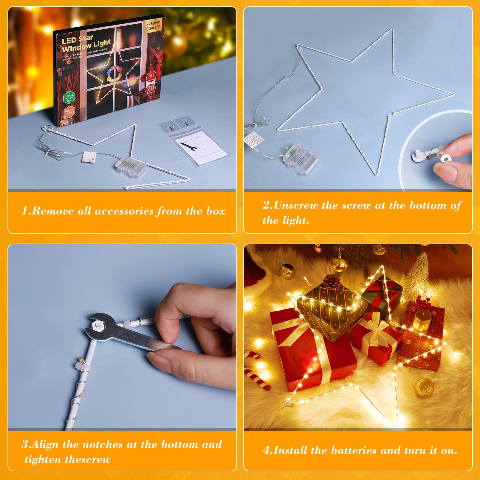 Weihnachtsdeko mit 2 große 50CM Metall Sterne, 140 LED Weihnachtsstern Beleuchtung Innen Batterie Warmweiß faltbar 8 Modi Wasserdicht Weihnachtsbeleuchtung Außen mit Timer