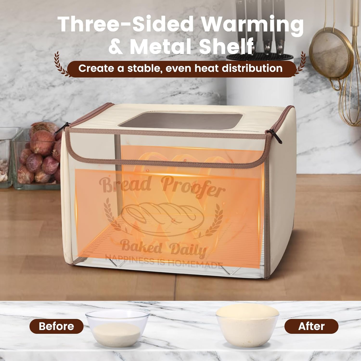 Diagram showing three-sided warming within the proofing box