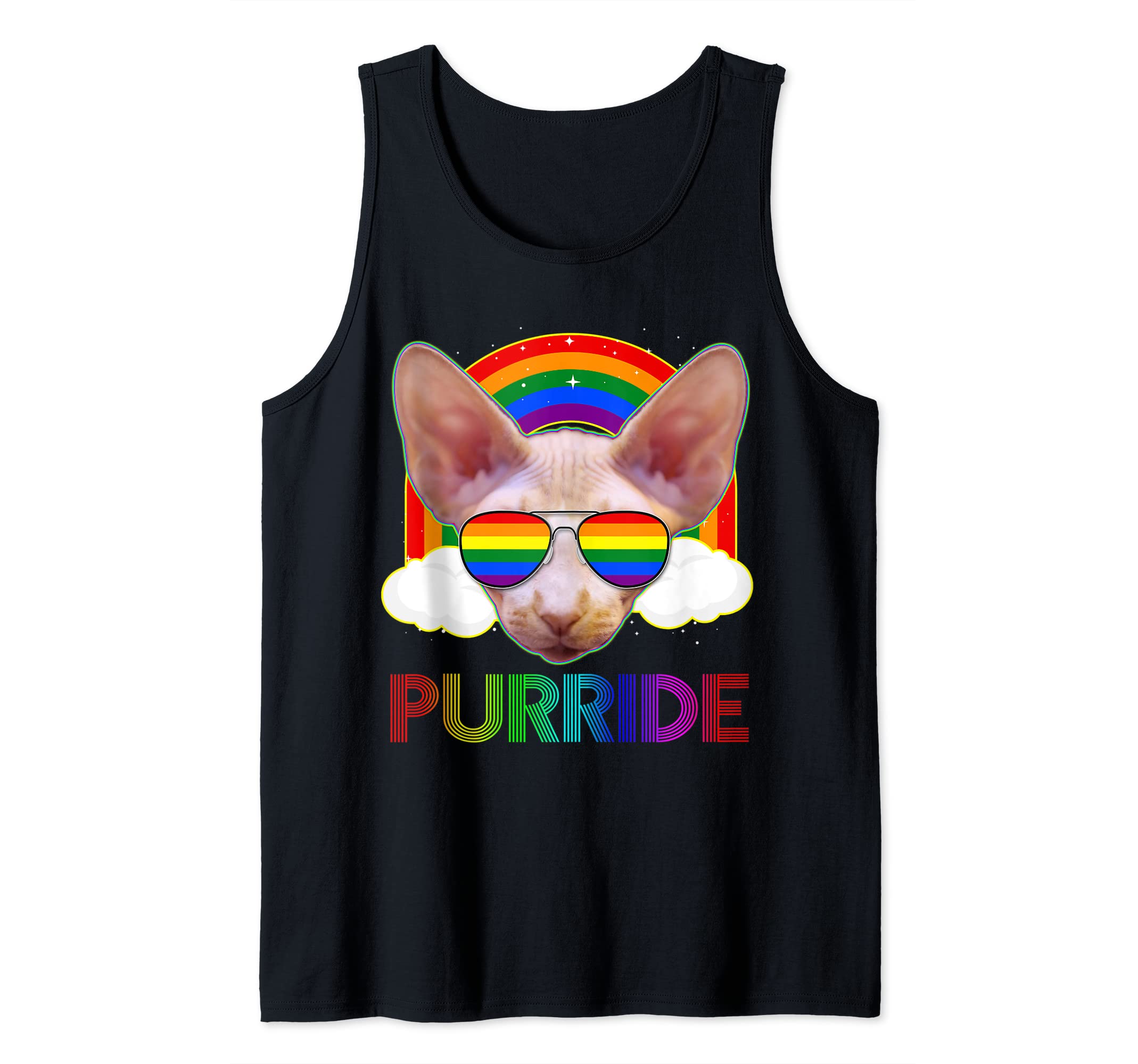 Purride Sphynx Cat Gay Pride LGBT Rainbow Flag Sunglasses Tank Top, Black