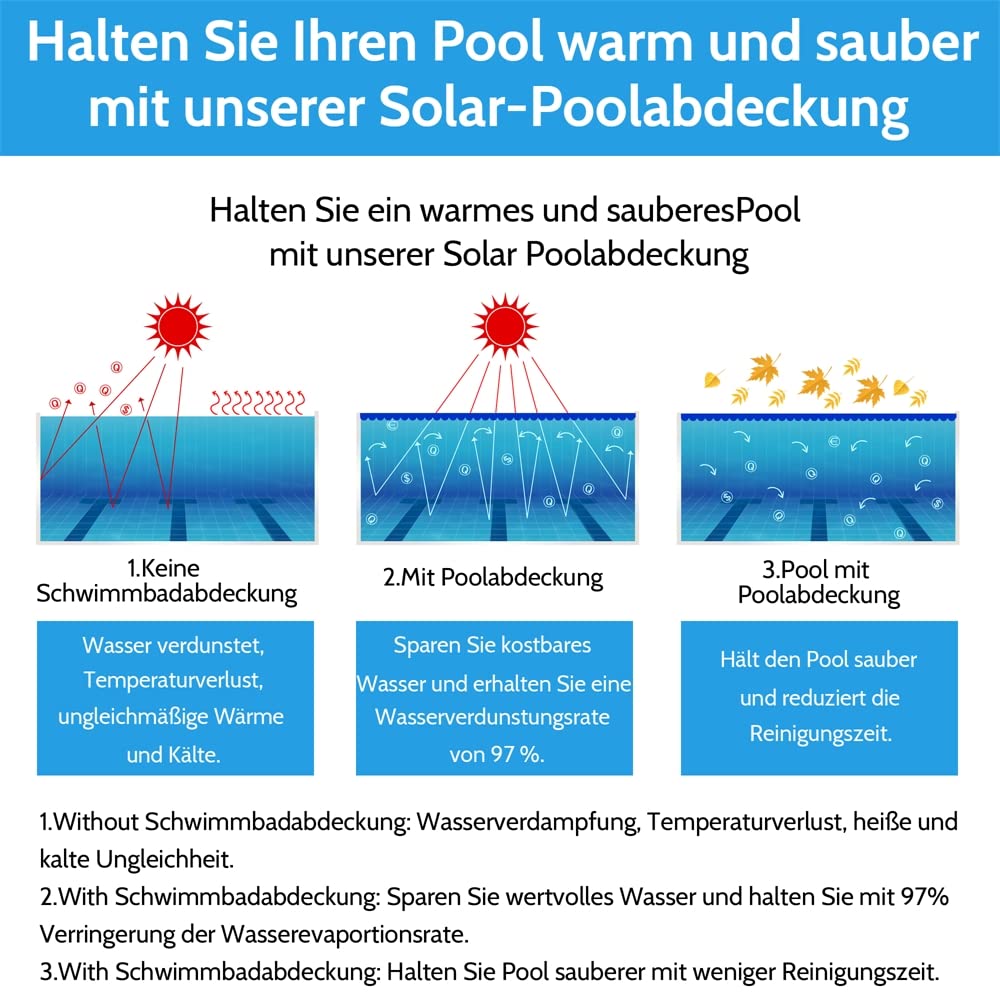 Melko Telo solare per piscina 800x500 cm, telo di copertura per piscina per efficiente conservazione del calore, telo solare con occhielli, telo di copertura solare blu, PVC, telo termico per piscine