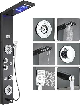 55 in. 6-Jet Stainless Steel Matte Black Shower Panel System w/Fixed LED Rainfall & Waterfall Showerhead, Temp Display, Tub Spout & Handheld Luxury Wall Mount Bathroom Tower