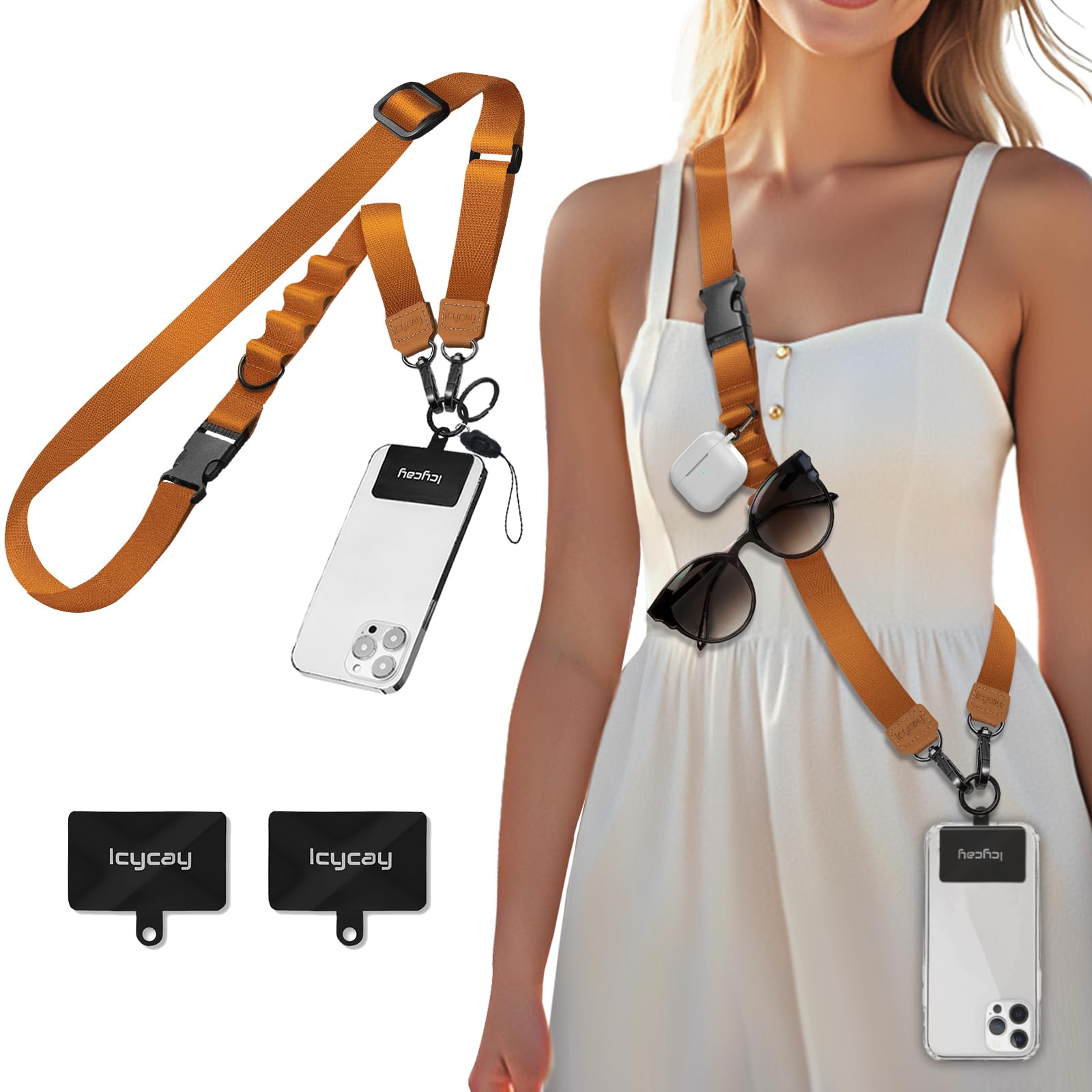 Icycay Phone Lanyard Crossbody Strap Adjustable Teacher Women Golden Brown