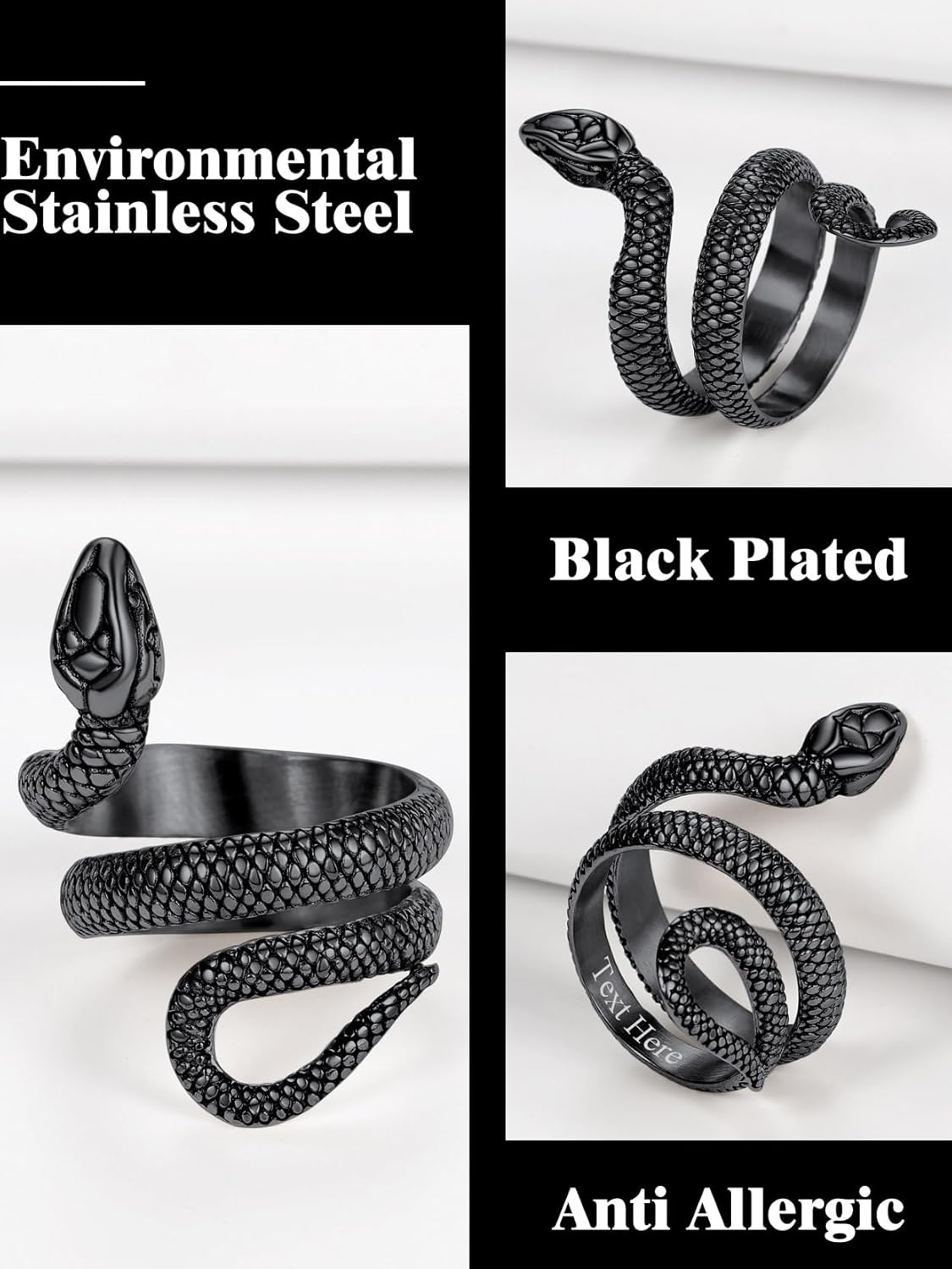 Stainless Steel/18K Gold Plated/Black Snake Ring for Men Women Size 7-12 Serpent Reptile Rings Punk Gothic Jewelry(with Gift Box) - Image 5
