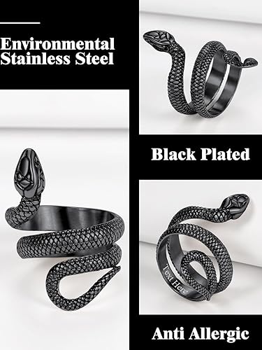 Miniatura 5 de Anillo de acero inoxidable chapado en oro de 18 quilatesserpiente negra para hombres y mujeres, tamaño 7-12, anillos de reptil de serpiente punk