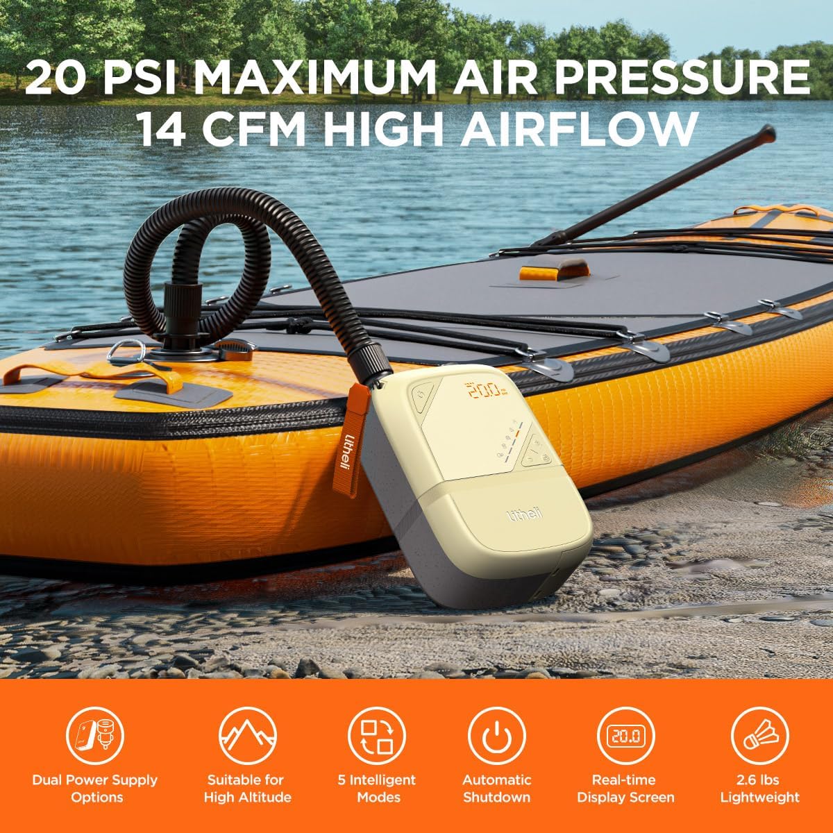 Litheli Paddle Board Pump,20PSI High Pressure SUP Pump,Electric Air Pump for Inflatables,Rechargeable Battery-Powered,Dual Stage Inflation&Deflation,Auto-Off for Stand Up Paddle Boards,Kayaks,Tent