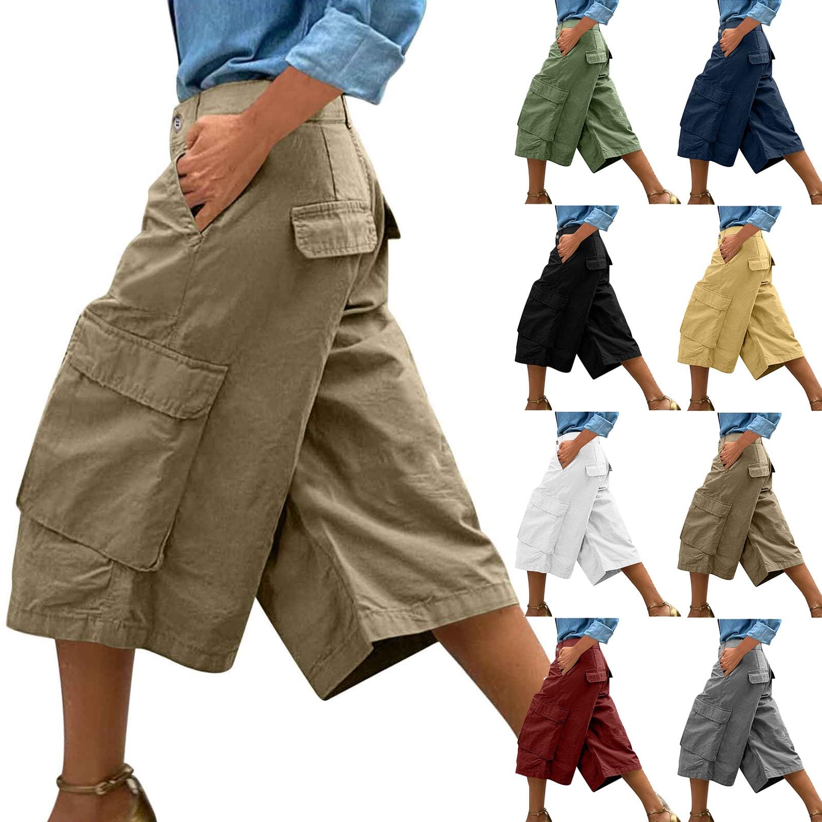 SHOPESSA Womens Cargo Pants High Waisted Wide Leg Cropped Pants Loose Casual Work Summer Capris with Pockets
