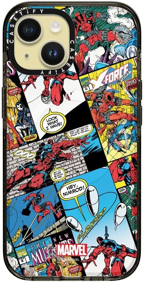 CASETiFY Impact iPhone 15 Case [Deadpool & Wolverine Co-Lab / 6.6ft Drop Protection/Magsafe] - Comic Collage case - Clear Black