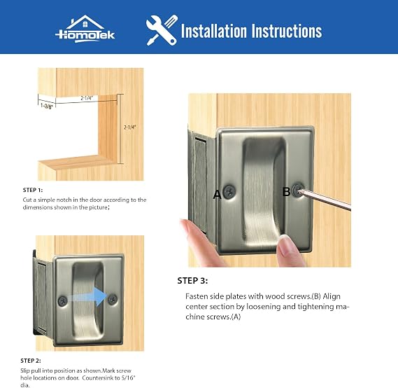 HOMOTEK Privacy Pocket Door Pull Without Switch Plate - Replace Old Or Damaged Passage Sliding Hardware No Lock Quickly and Easily, 2-3/4x2-1/2, for 1-3/8 Thickness Door, Antique Brass