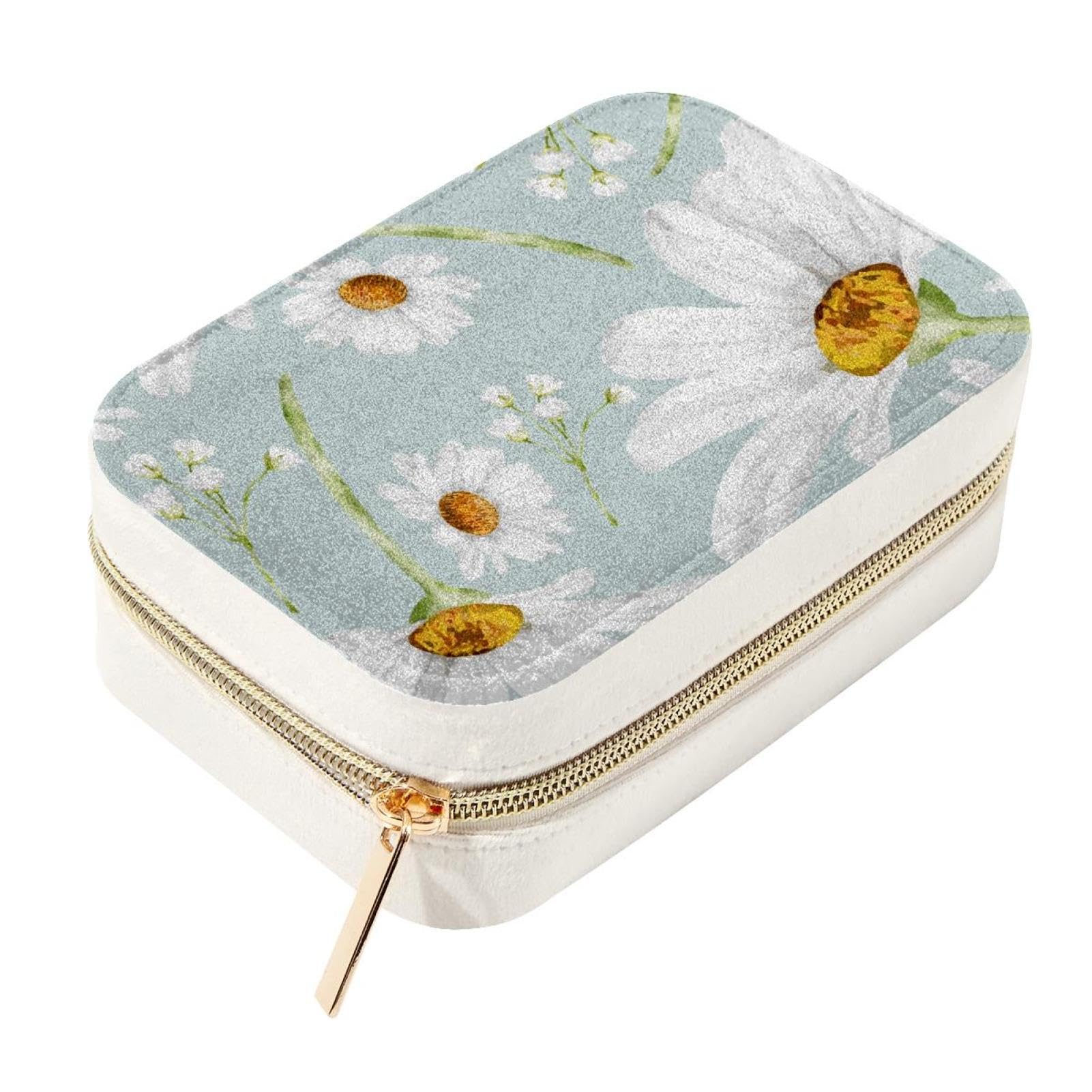 Mini boîte à bijoux de voyage en velours motif petites marguerites pour bagues