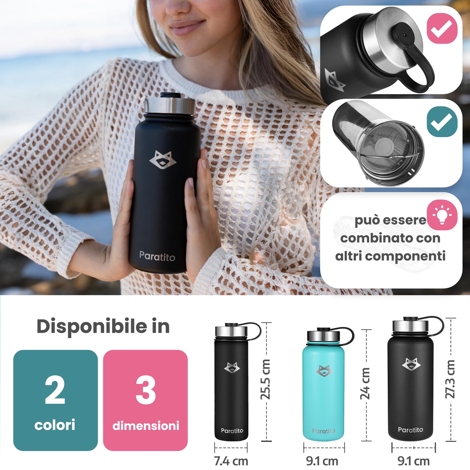 Bottiglia termica 1 litro in acciaio inox con colino per tè, ideale come termos caffè e teiera con infusore e Borraccia Termica per Tè da Viaggio - sfuse infusore tè - filtri per tisane