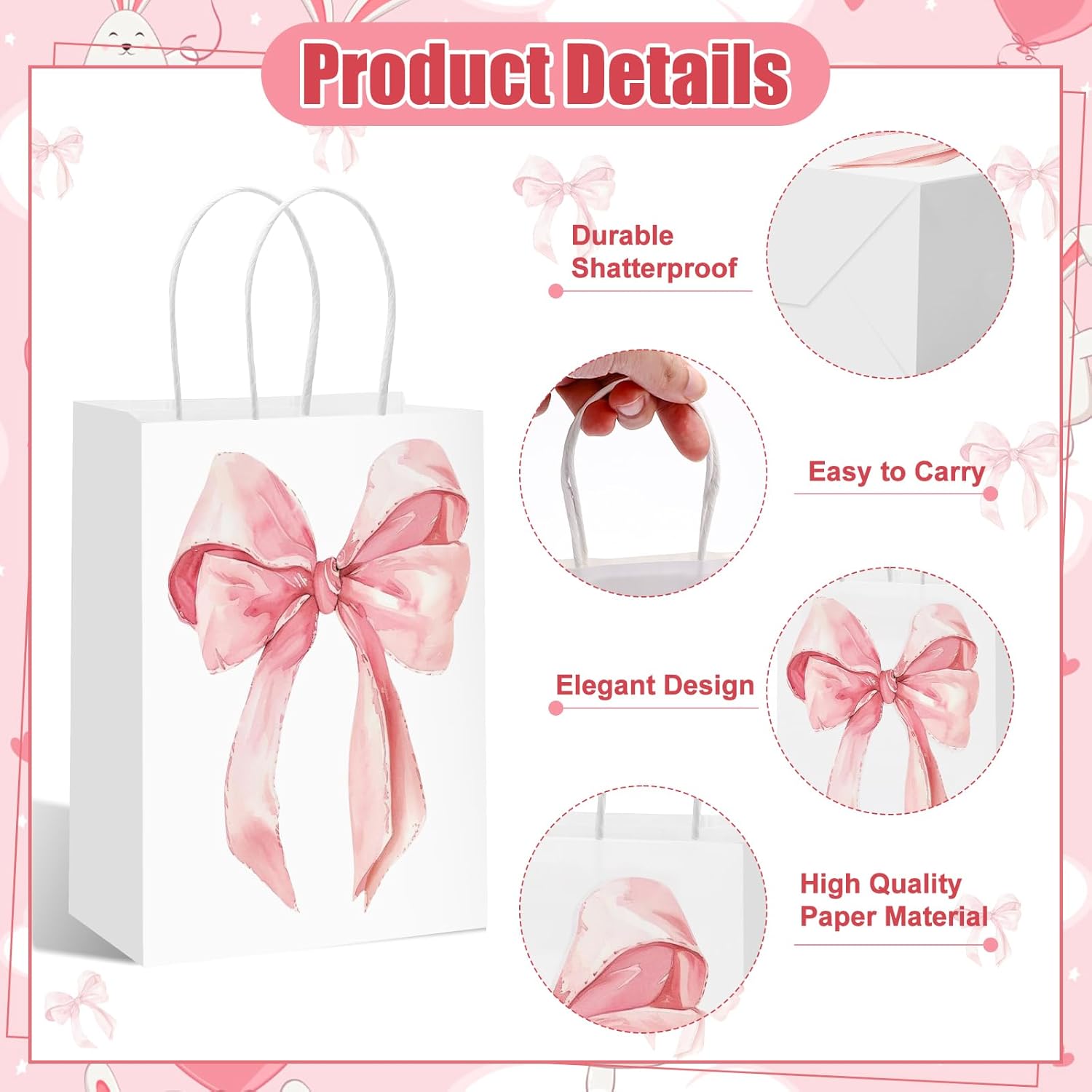 Draupnir 24PCS Coquette Pink Bow Paper Gift Bags, Party Favor Bags, Pink Goodie Bags for Birthday&Bachelorette Party Decoration Coquette Bow Gift Pouches with Handles 8.3x5.9x3.1 Inch - Image 5