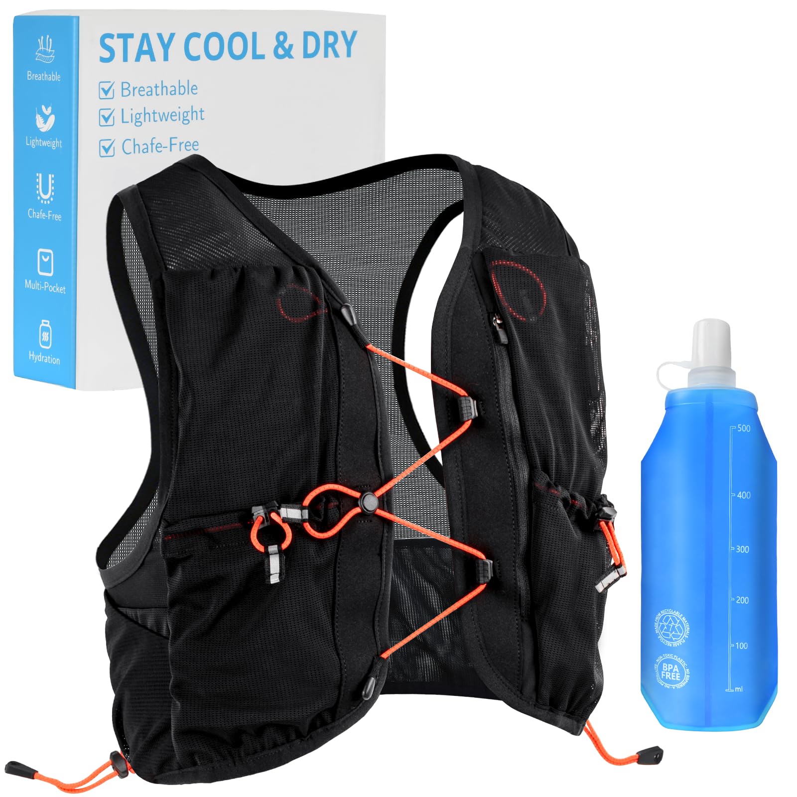 Running Vest for Women Men Hydration Vest with 500ml Flask Black S-M (33-37 in)