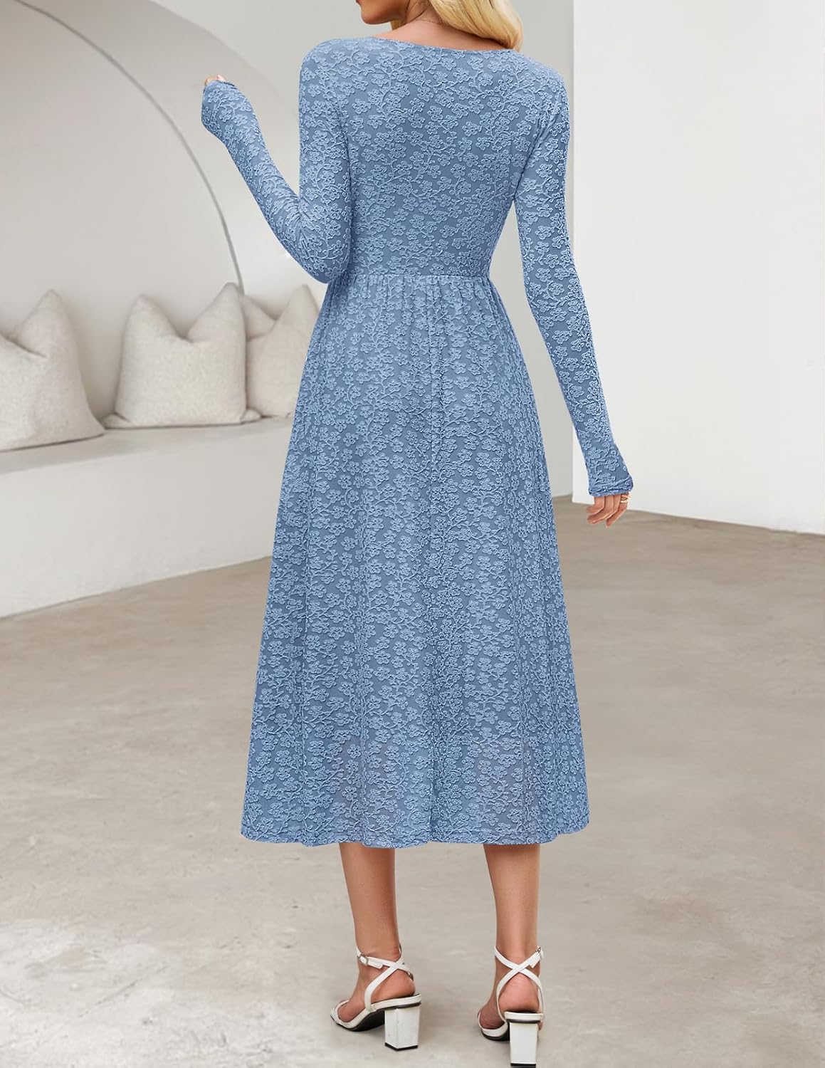 MEROKEETY Women's Floral 2025 Fall Midi Dresses Long Sleeve Square Neck Flowy A Line Wedding Ruched Dress Pockets - Image 4