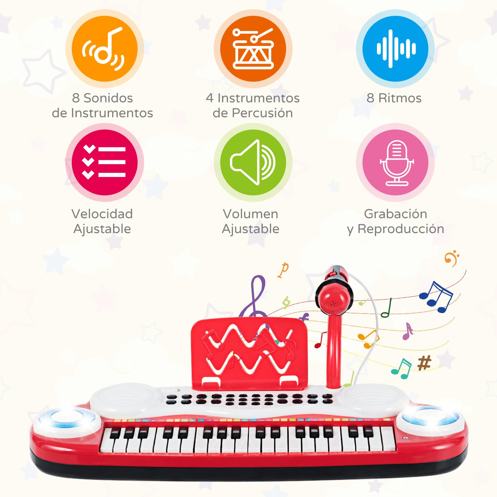 RELAX4LIFE Piano Infantil con 37 Teclas, Luces, Micrófono Ajustable, Grabación y Reproducción, Atril, 8 Estilos, 4 Percusiones, Volumen y Ritmo Regulables, Teclado Piano para Niños de 18+ Meses (Rojo)