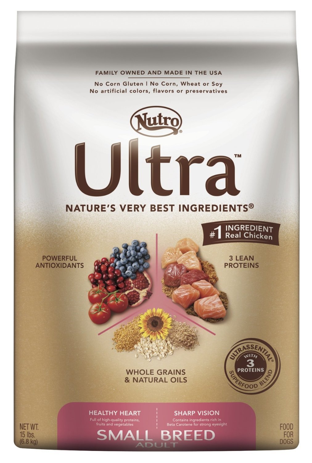 NUTRO ULTRA Adult Small Breed High Protein Natural Dry Dog Food with a Trio of Proteins from Chicken, Lamb and Salmon, 15 lb. Bag