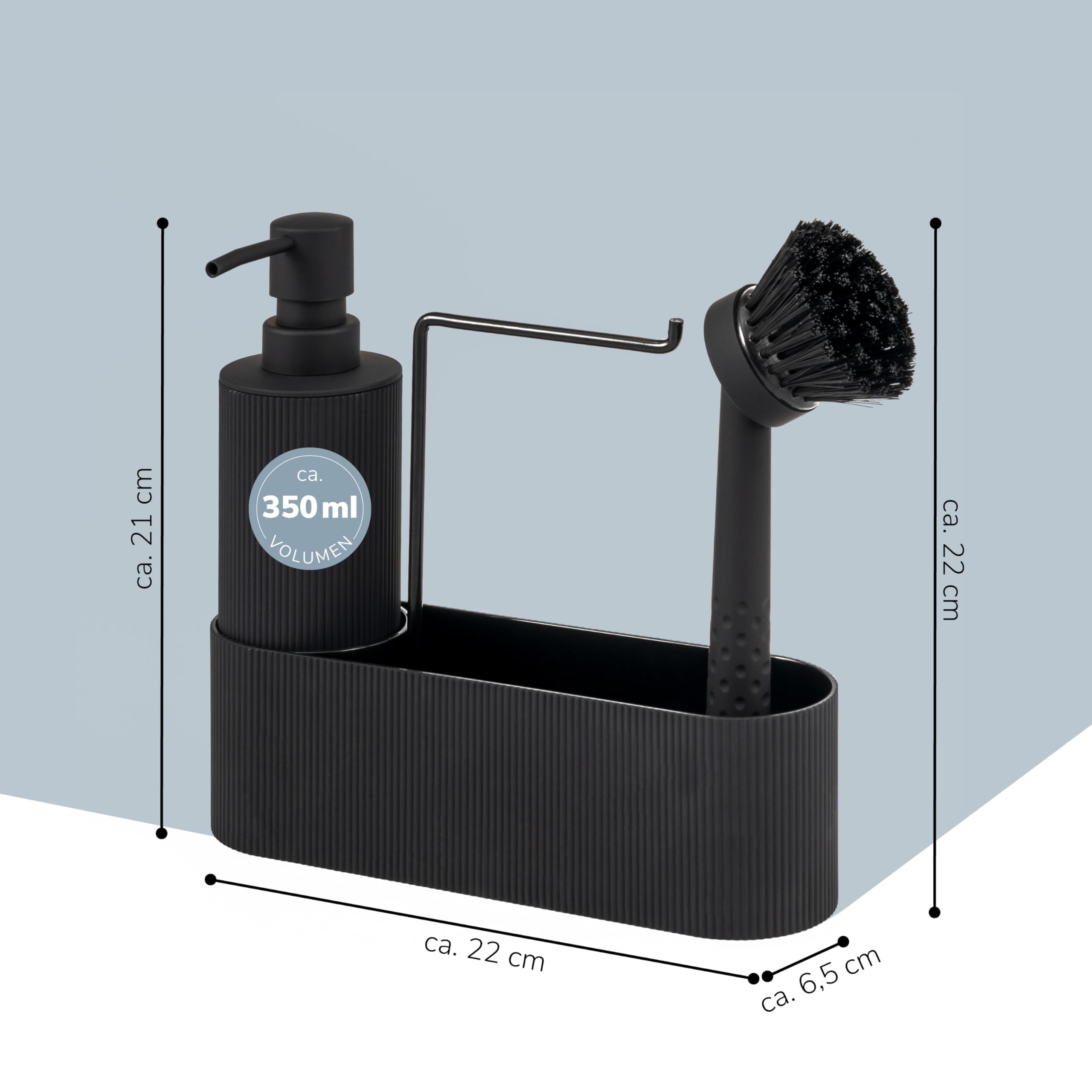 eluno Spülbecken Organizer mit Soft-Touch Oberfläche für Küche & Bad, Spülutensilienhalter inkl. Seifenspender, Spülbürste mit Bürstenkopf und Spültuchhalter, mit Ersatzbürstenkopf und Pumpe (Rund)