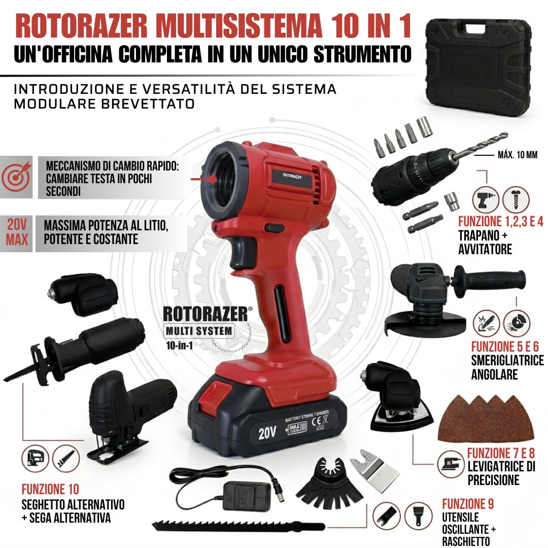 Rotorazer Multi System 10 in 1 - Multiutensile wireless 20 V: Trapano a percussione, seghetto alternativo, smerigliatrice, levigatrice e oscillante, kit completo con valigetta e batteria 1500 mAh