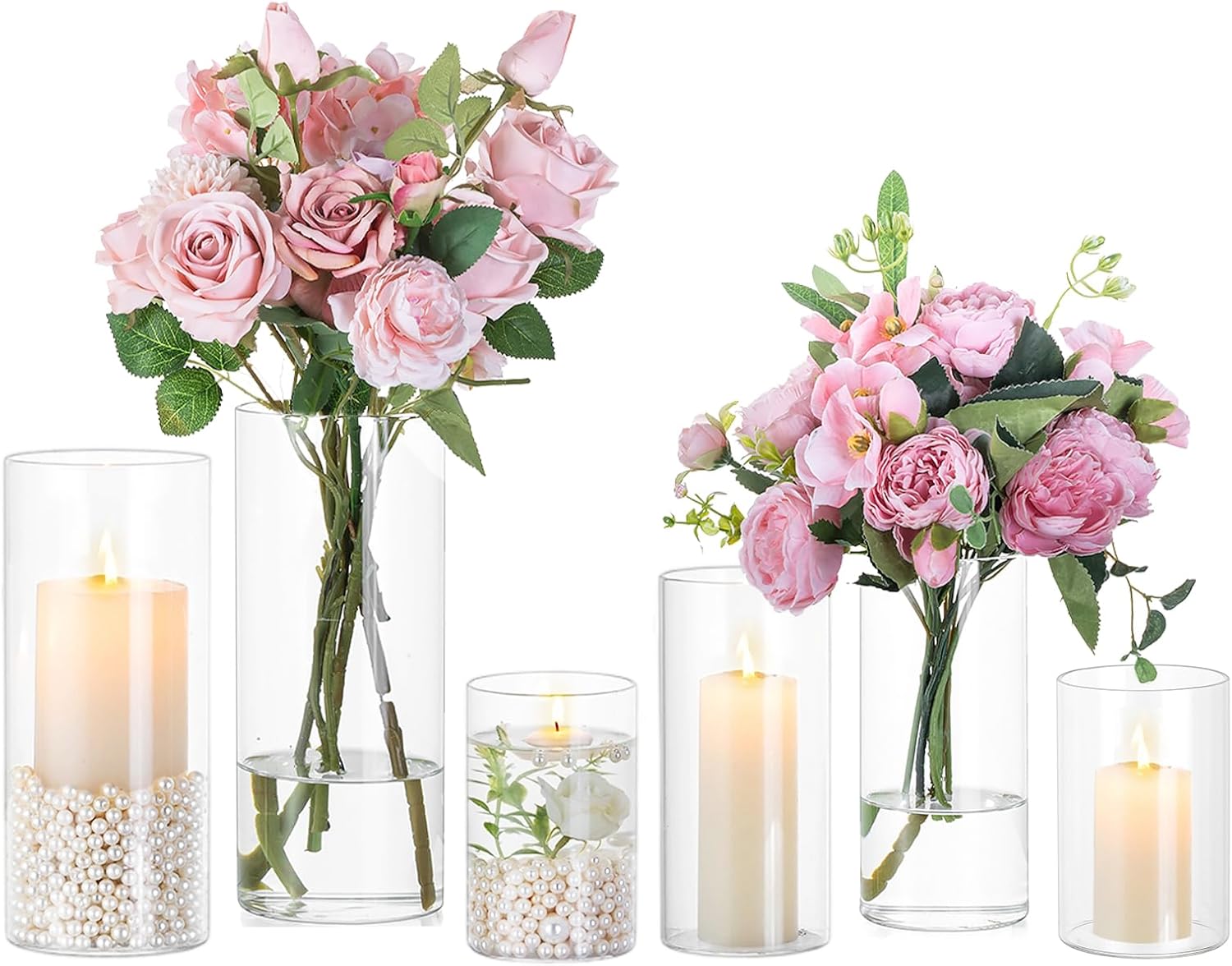 Hewory Thickened Glass Cylinder Vases: Set of 6 Clear Flowers Vases for Wedding Home Table Centerpieces Decorations – Hurricane Candle Holders for Floating Pillar Candles
