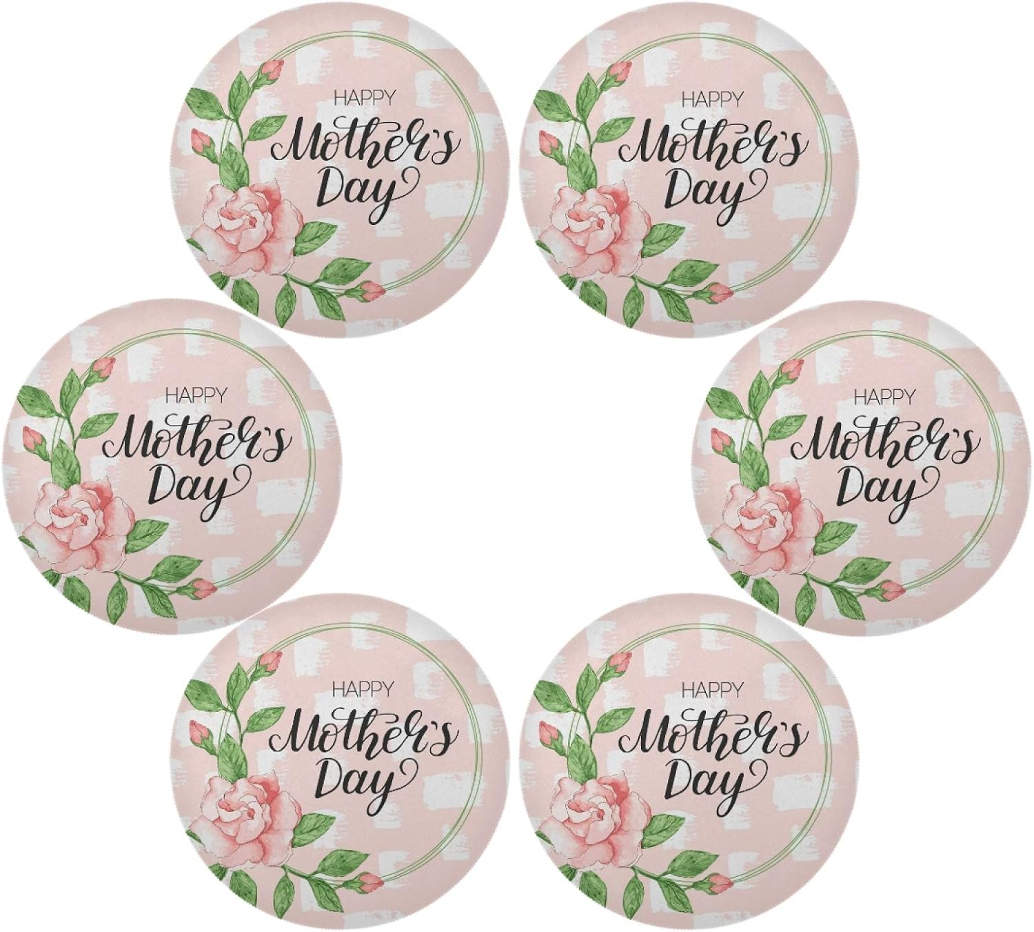 Happy Mother's Day Romantic Pink Rose Round Placemats Set of 6 for Kitchen Dining Table Washable Kitchen Table Mats Heat Insulation Non-Slip