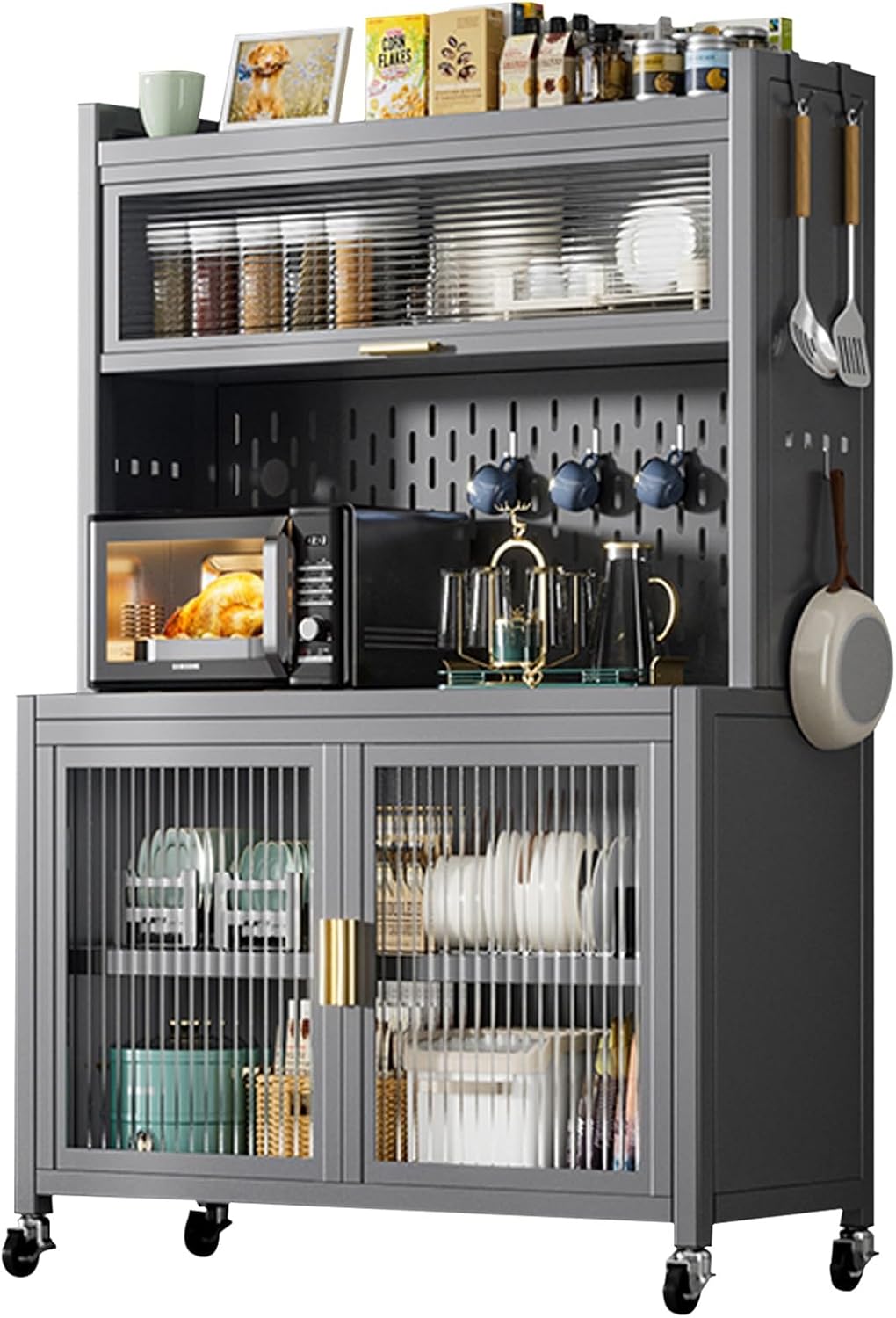 Kitchen Pantry Storage Cabinet, Kitchen Bakers Rack, Freestanding Metal Storage Cabinet, Microwave Cart with Lockers and Casters, DIY Backplane Creative, for Kitche