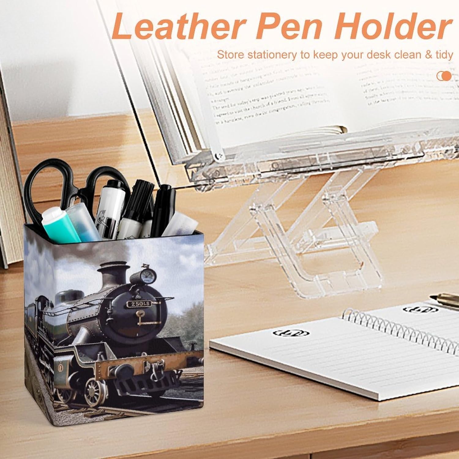Square Pen Holder Steam Locomotive Train Desk Organizer Pencil Cup image 4