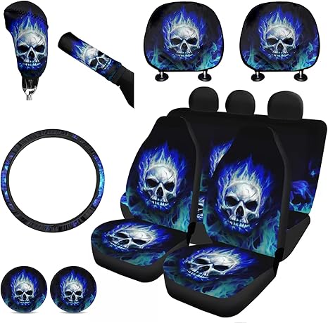 FKELYI Cool Skull Car Seat Covers Set Blue Fire Car Interior Seat Protector,Absorbent Cup Holder Pads,Steering Wheel Cover,Gear Shift Cover,Handbrake Cover,Headrest Covers