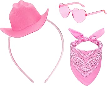 Eybila Pink Cowgirl Hat Headband Mini Tiny Cowboy Hat Heart Glasses Bandana Women Halloween Party Costume Accessories Set