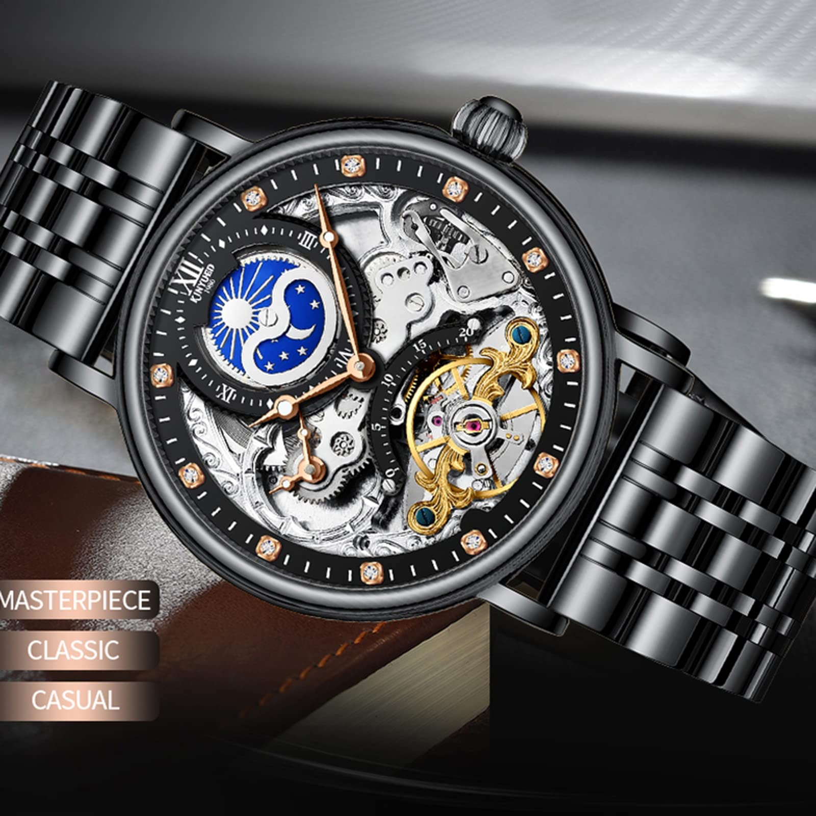 Montre Homme, Noir Mécanique Squelette Remontoir Automatique Acier Inoxydable Etanche Montres Fond en Verre Chiffres Cadran en Diamant