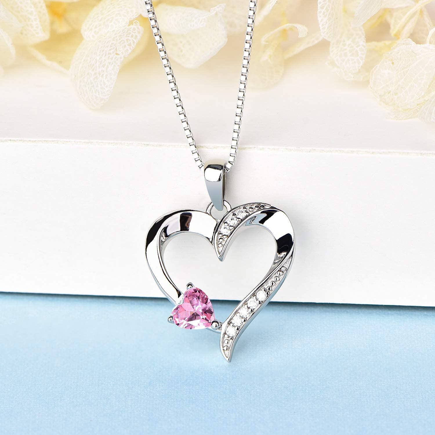 YL Collar de Corazón Plata de Ley 925 con 12 Piedras de Nacimiento Circonita Collar con Colgante de Corazón Doble para Mujer, 45-48cm