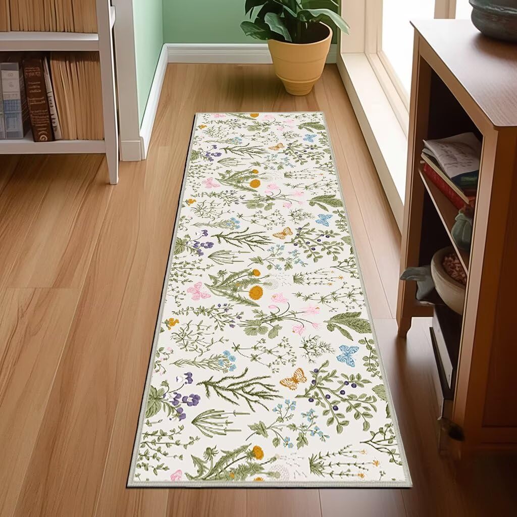 Floral Runner Rug 2x6 Throw Rug Spring Kitchen Runners Ultra-Thin Low Pile Carpet Washable Hallway Rugs Sage Green Area Rug Non-Slip Floor Carpets for Bedroom Laundry Room Entrance Door Mat Indoor