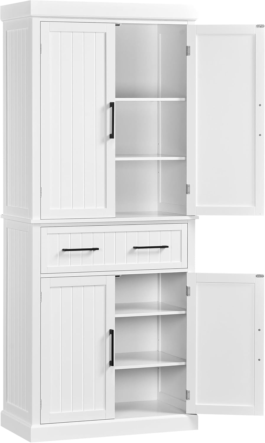 Yaheetech 72.5 inch white kitchen pantry storage cabinet with doors and a central drawer.