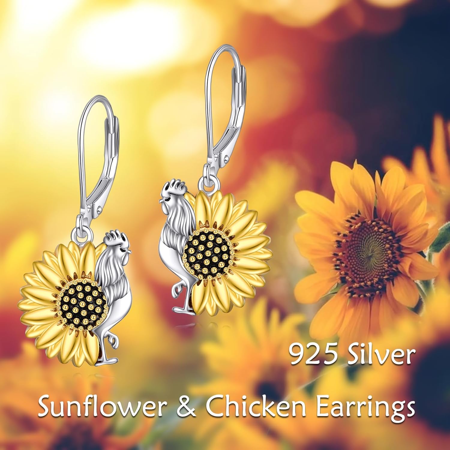 TIGER RIDER Chicken Rooster with Sunflower 925 Sterling Silver Dangle Earrings for Women Funny Animal Flower Jewelry Gifts for Birthday Christmas - Image 6